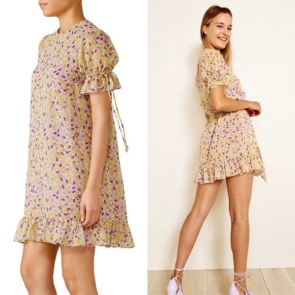 EAST ORDER Floral Chiffon Puff Short Sleeve Crew Neck Ruffle Shift Mini Dress M‎ - Picture 3 of 8